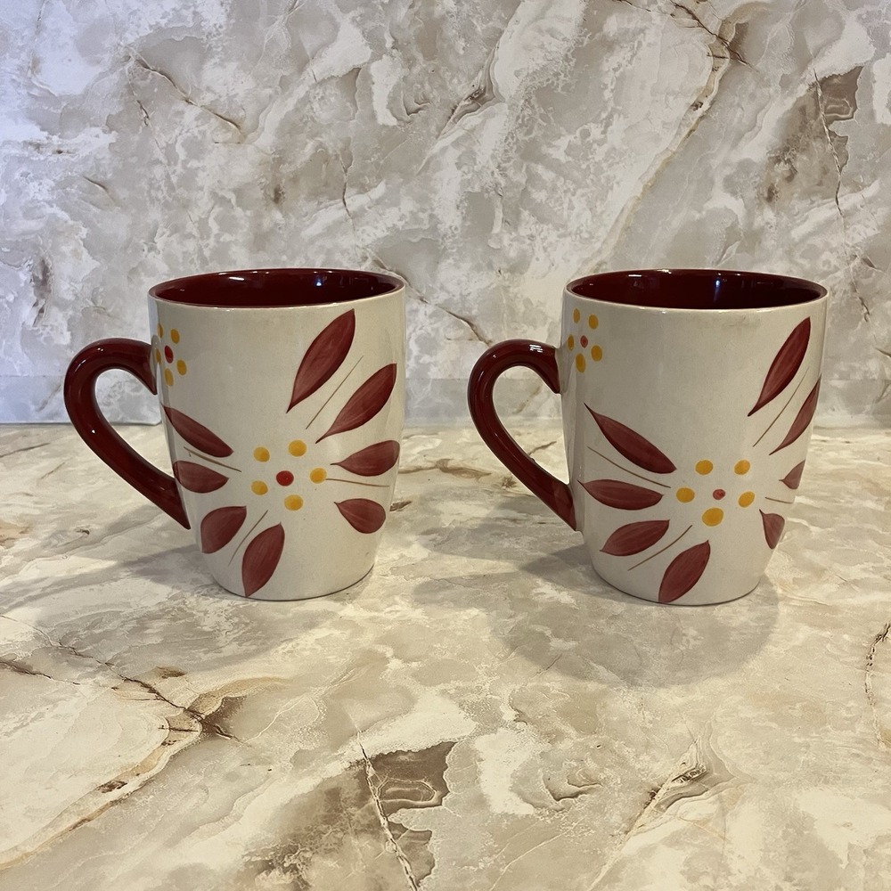 TEMPTATIONS by TARA- 2 Old World Vivid Red Coffee /Tea Mugs 12 oz Hand Painted
